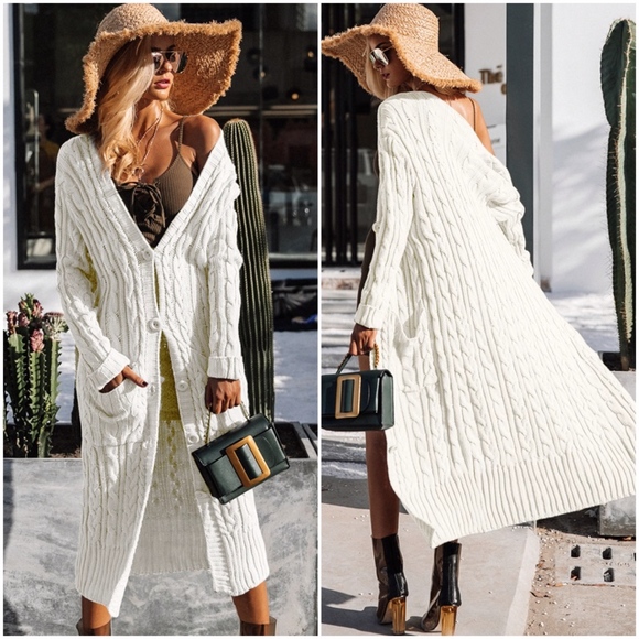 White Cable Knit Cardigan Buttoned with Pockets - Picture 2 of 8